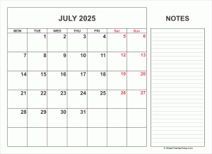 2025 printable july calendar with notes
