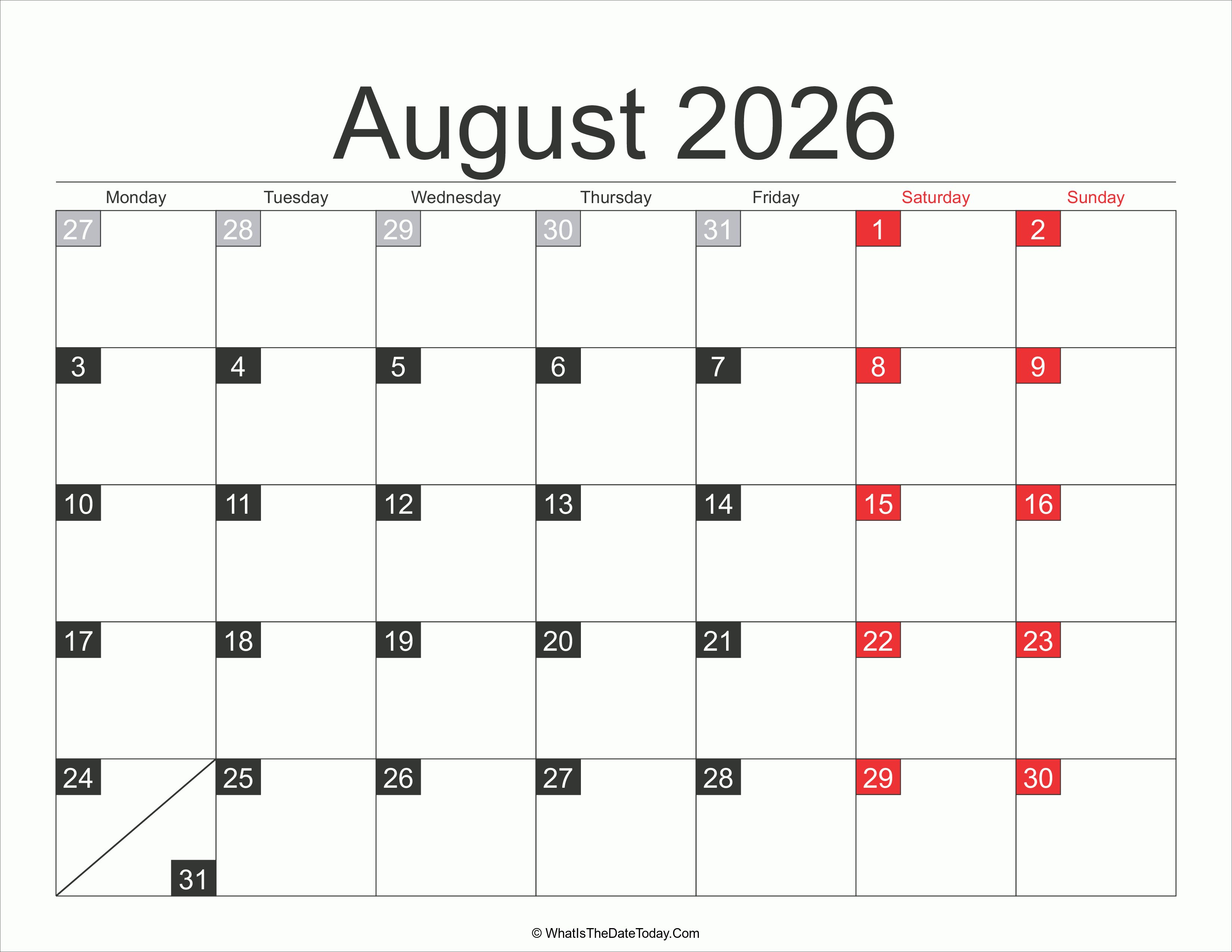 2026 August Calendar Printable Whatisthedatetodaycom