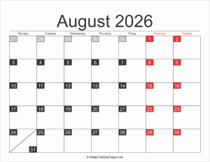 2026 august calendar printable