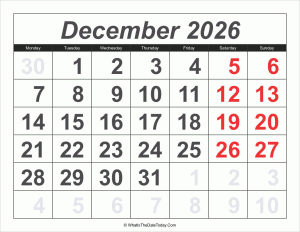 2026 calendar december with large numbers