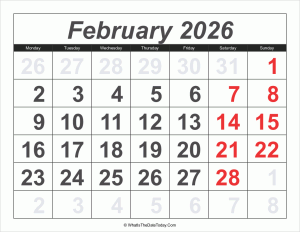 2026 calendar february with large numbers
