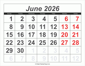 2026 calendar june with large numbers