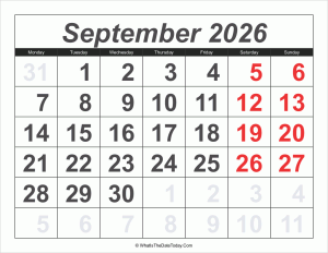 2026 calendar september with large numbers