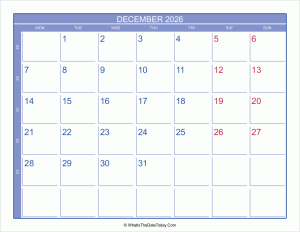 2026 december calendar with week numbers