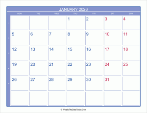 2026 january calendar with week numbers