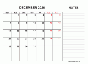 2026 printable december calendar with notes