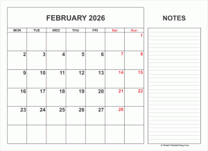 2026 printable february calendar with notes