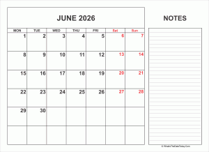 2026 printable june calendar with notes