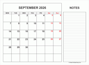 2026 printable september calendar with notes