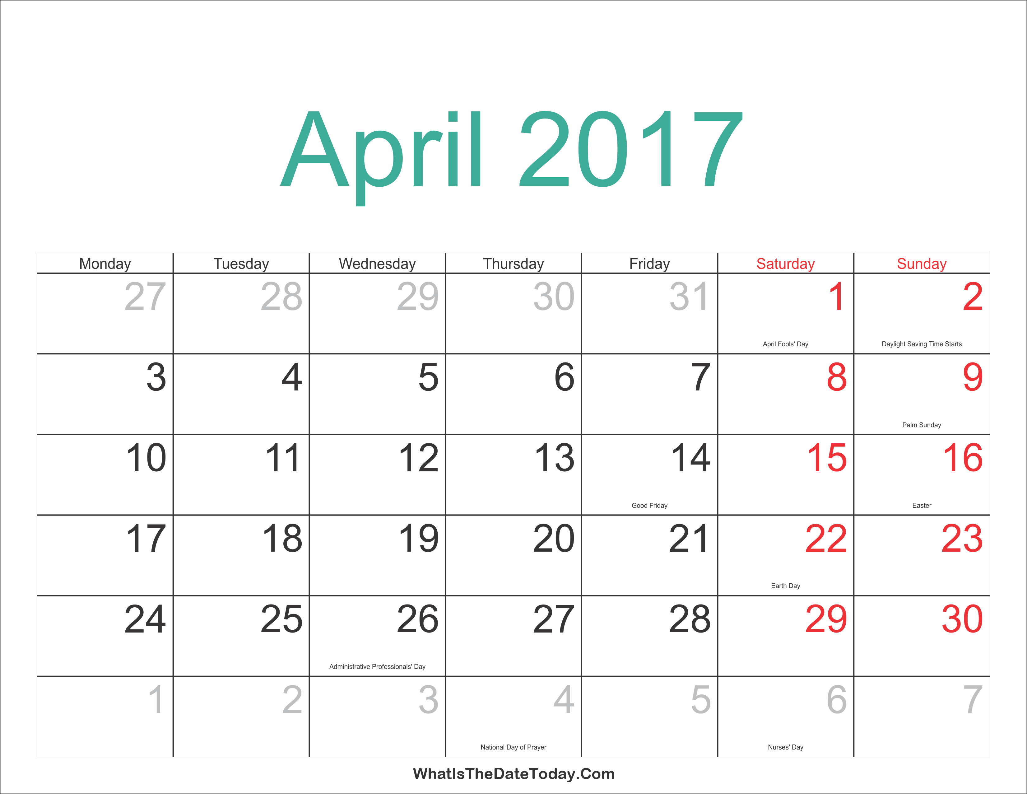 April 2017 Calendar Printable with Holidays