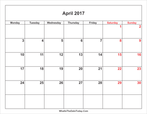 april 2017 calendar with weekend highlight