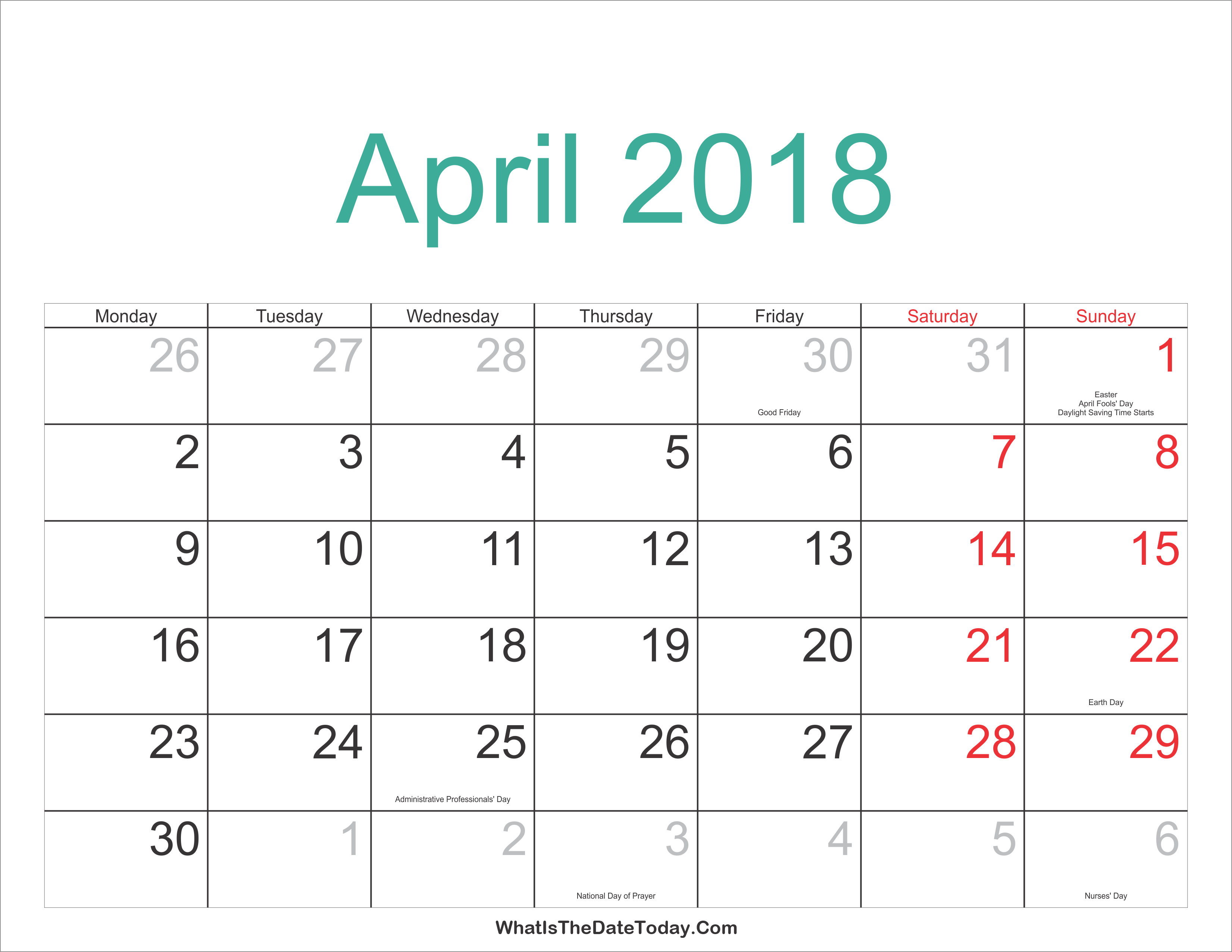 April 2018 Calendar Printable with Holidays