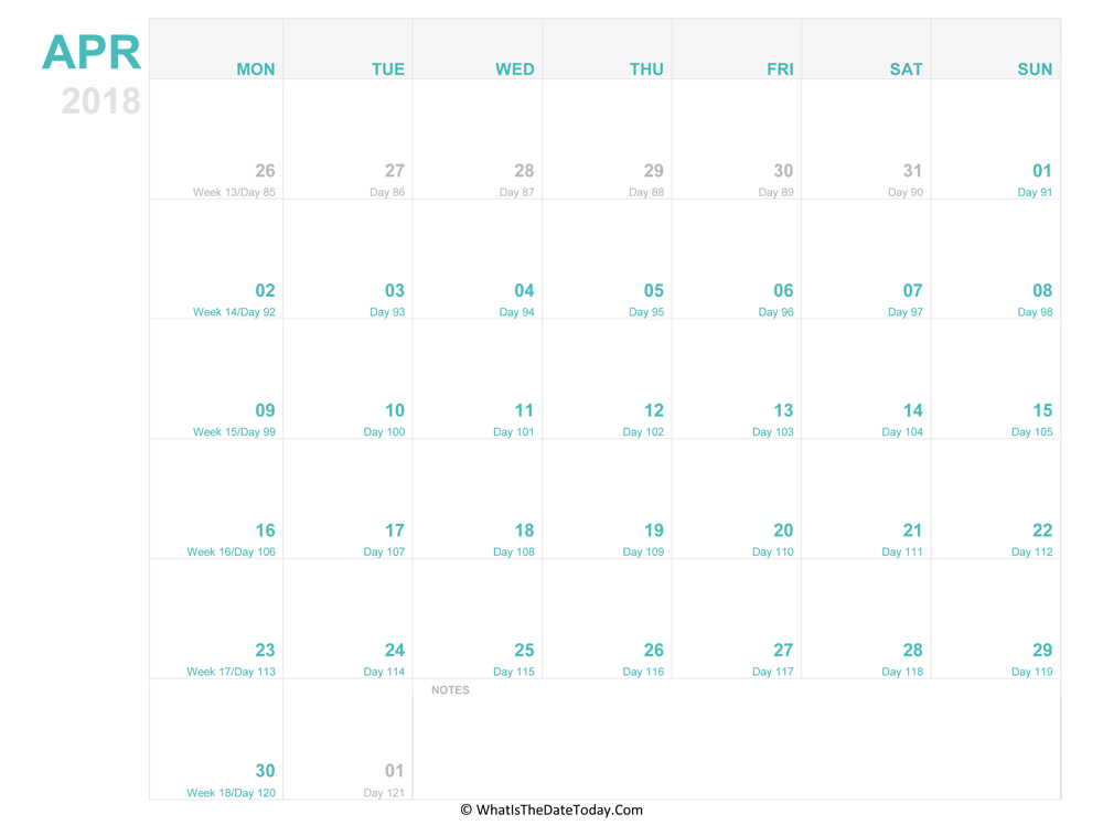 april 2018 Editable Calendar
