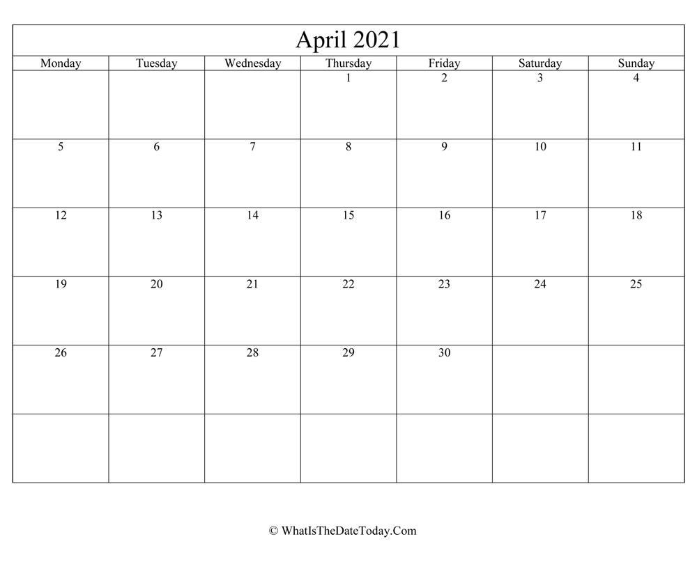 april 2021 Editable Calendar