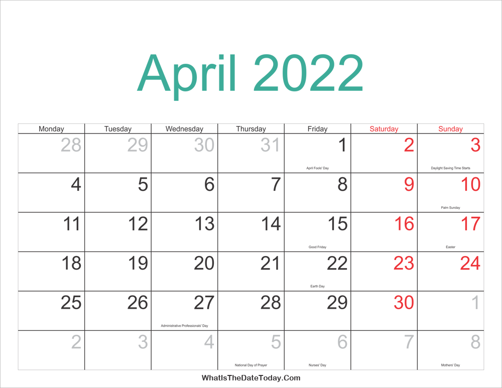 april 2022 Calendar Printable with Holidays