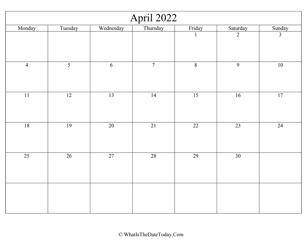 april 2022 Editable Calendar