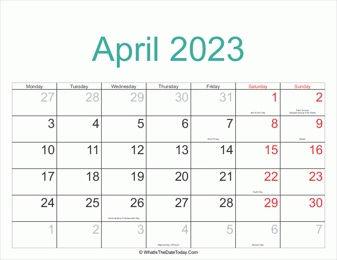 april 2023 Calendar Printable with Holidays