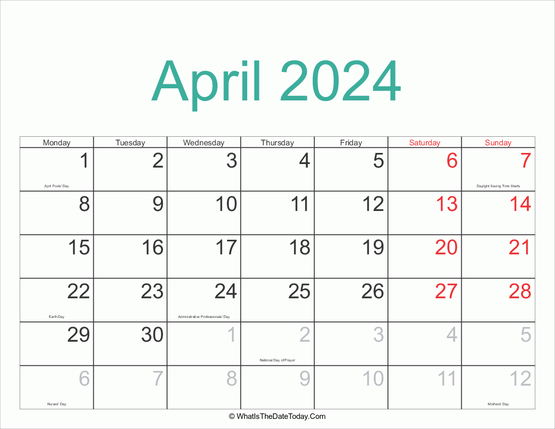 april 2024 Calendar Printable with Holidays