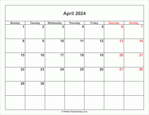 april 2024 calendar with weekend highlight