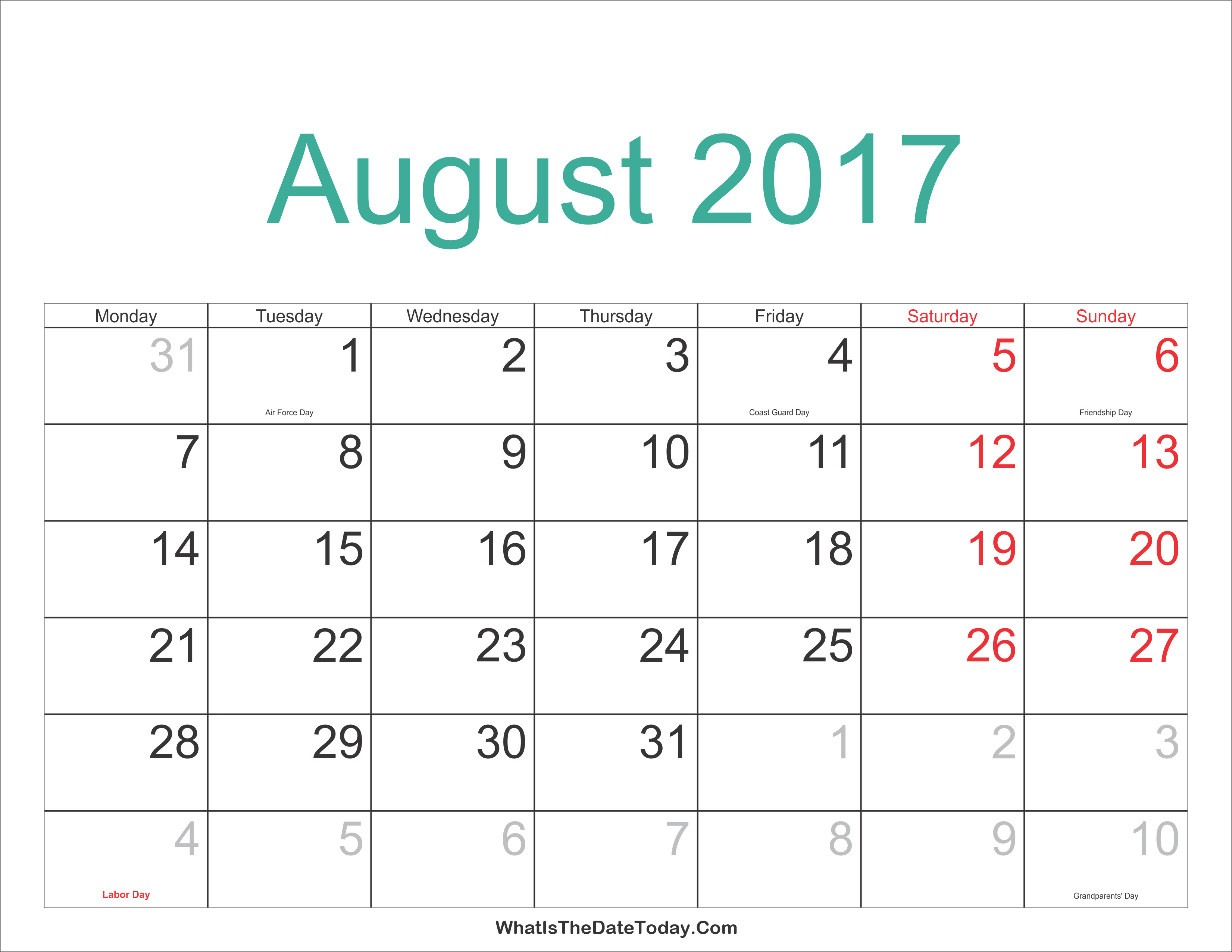 August 2017 Calendar Printable with Holidays