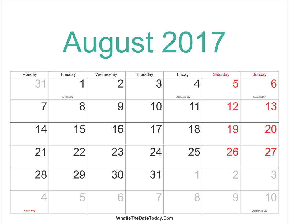 August 2017 Calendar Us