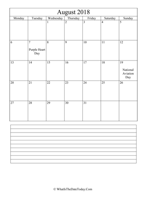august 2018 calendar editable with notes (vertical)