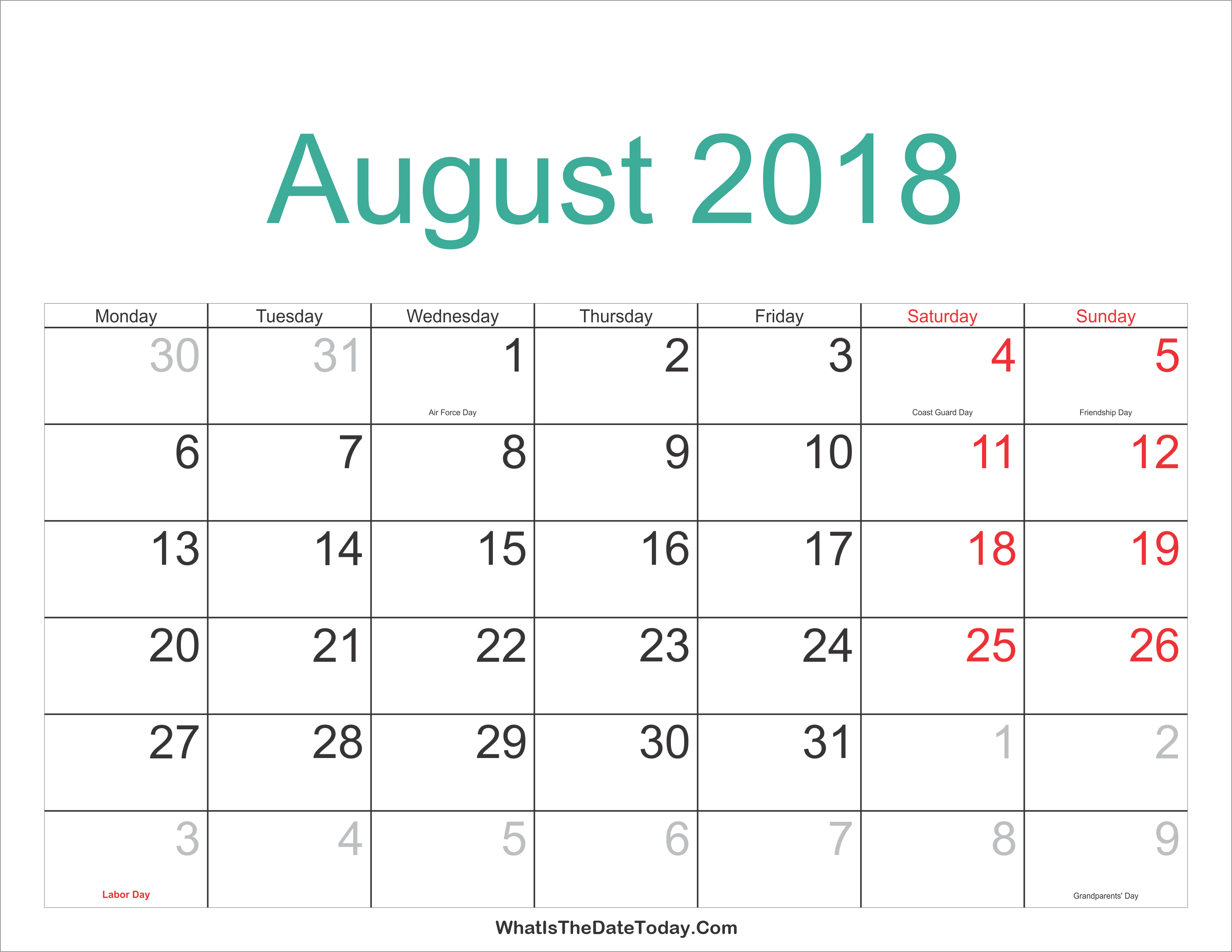 August 2018 Calendar Printable With Holidays Whatisthedatetodaycom
