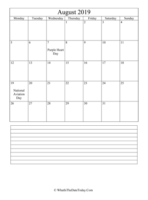 august 2019 calendar editable with notes