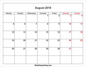 august 2019 calendar with weekend highlight