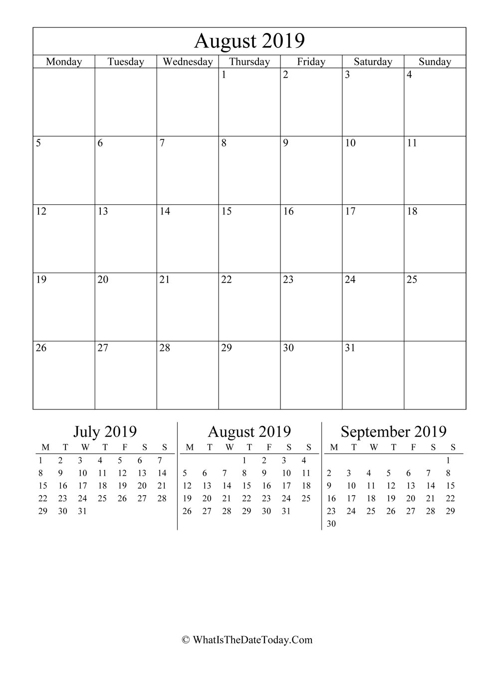 august 2019 editable calendar with three mini calendars in vertical layout