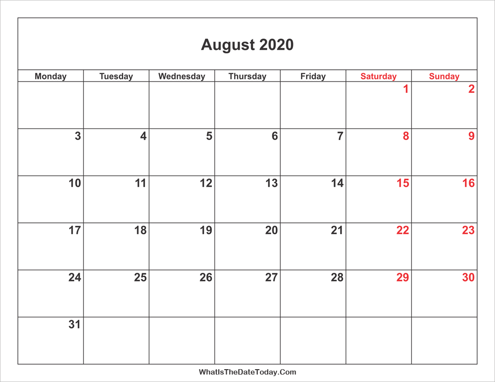 august 2020 calendar weekend highlight medium