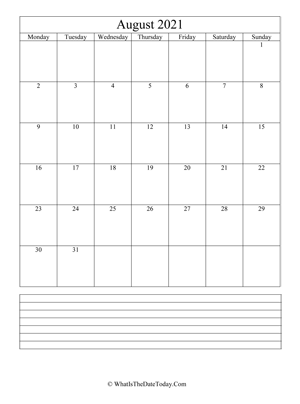august 2021 calendar editable with notes (vertical)