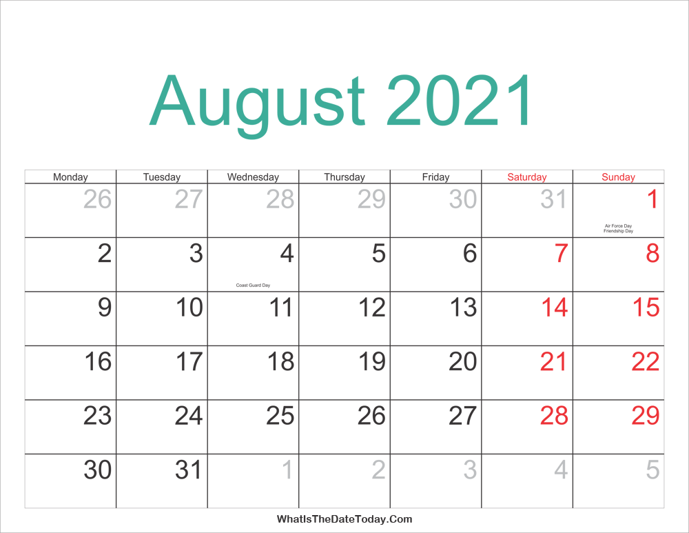 august 2021 Calendar Printable with Holidays
