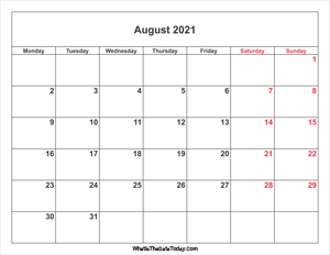 august 2021 calendar with weekend highlight