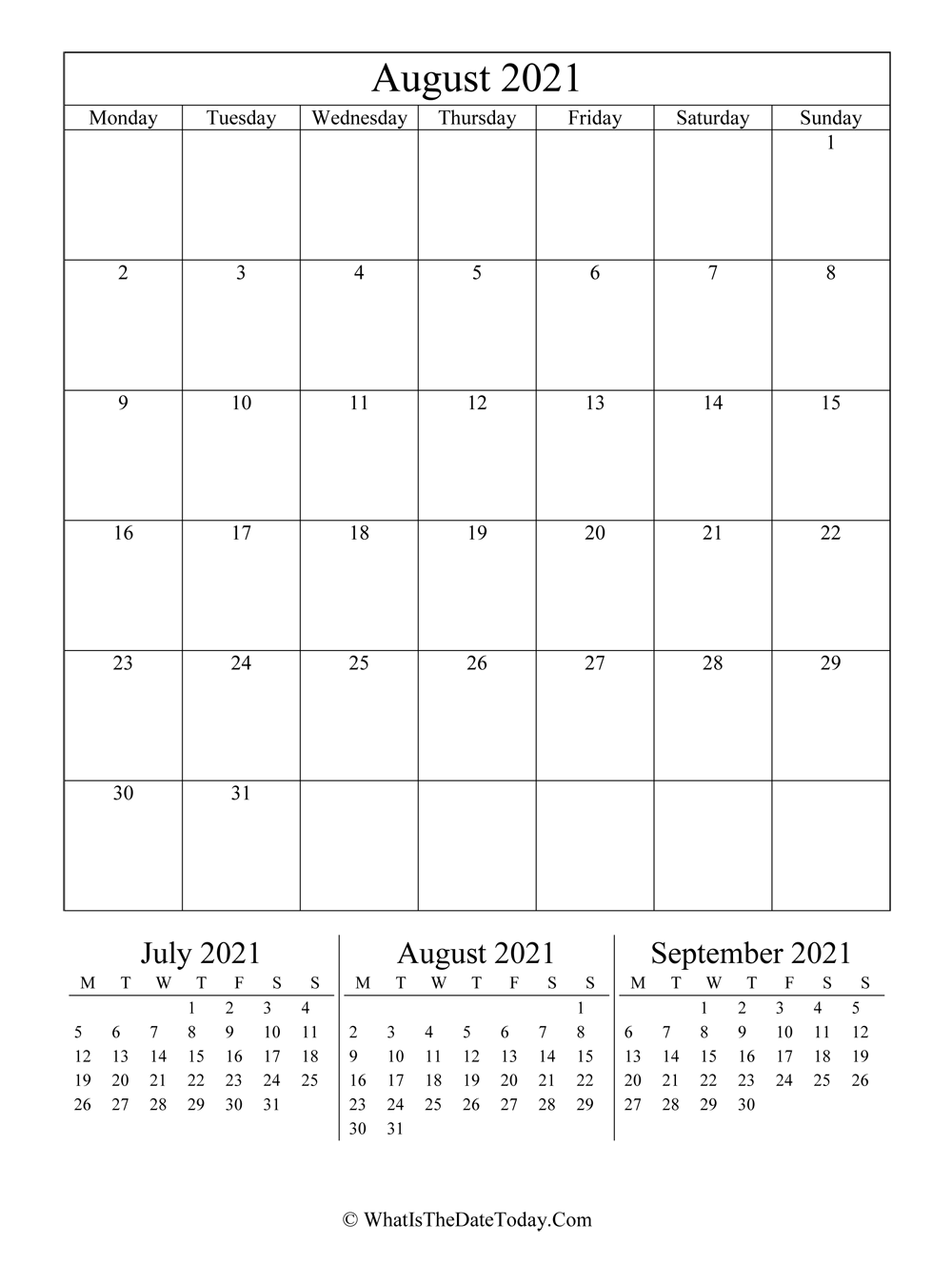 august 2021 editable calendar with three mini calendars in vertical layout