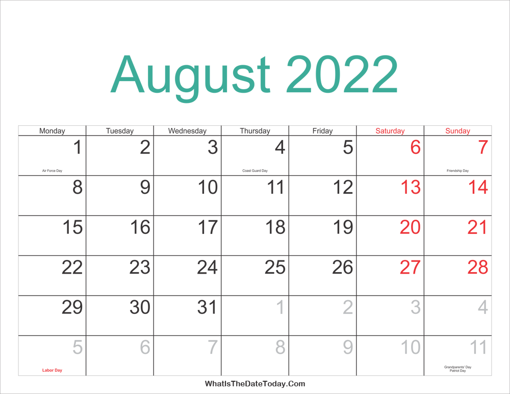 august 2022 Calendar Printable with Holidays