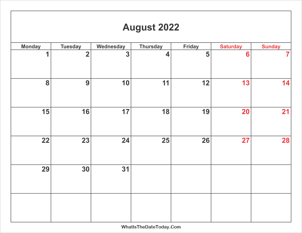 august 2022 Calendar with weekend highlight