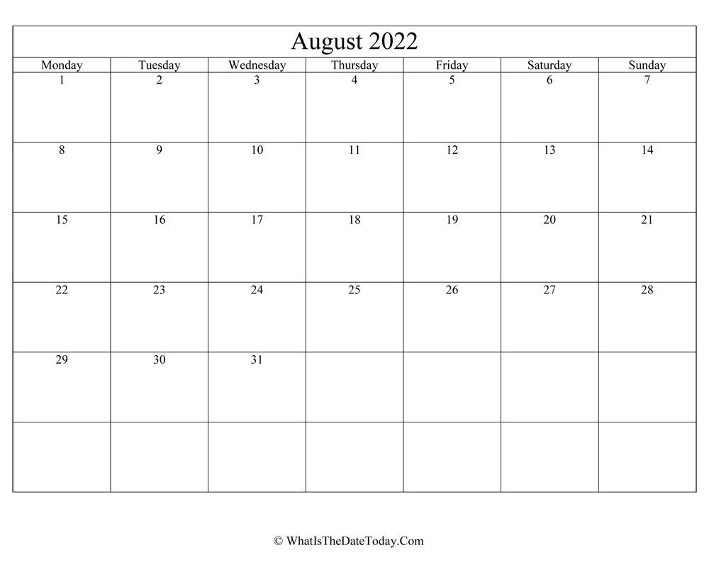 august 2022 Editable Calendar