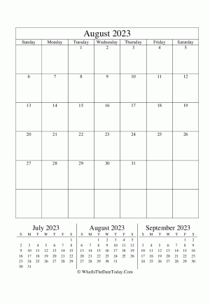 august 2023 editable calendar (vertical) with three mini months