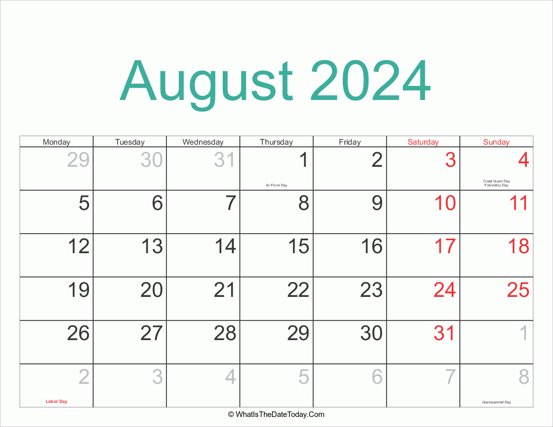 august 2024 Calendar Printable with Holidays