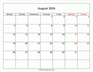 august 2024 calendar with weekend highlight