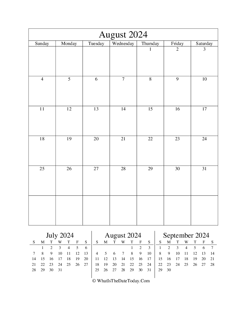 august 2024 editable calendar with three mini calendars in vertical layout