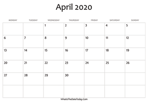 blank april calendar 2020 editable