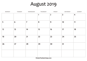 blank august calendar 2019 editable