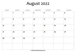 blank august calendar 2022 editable