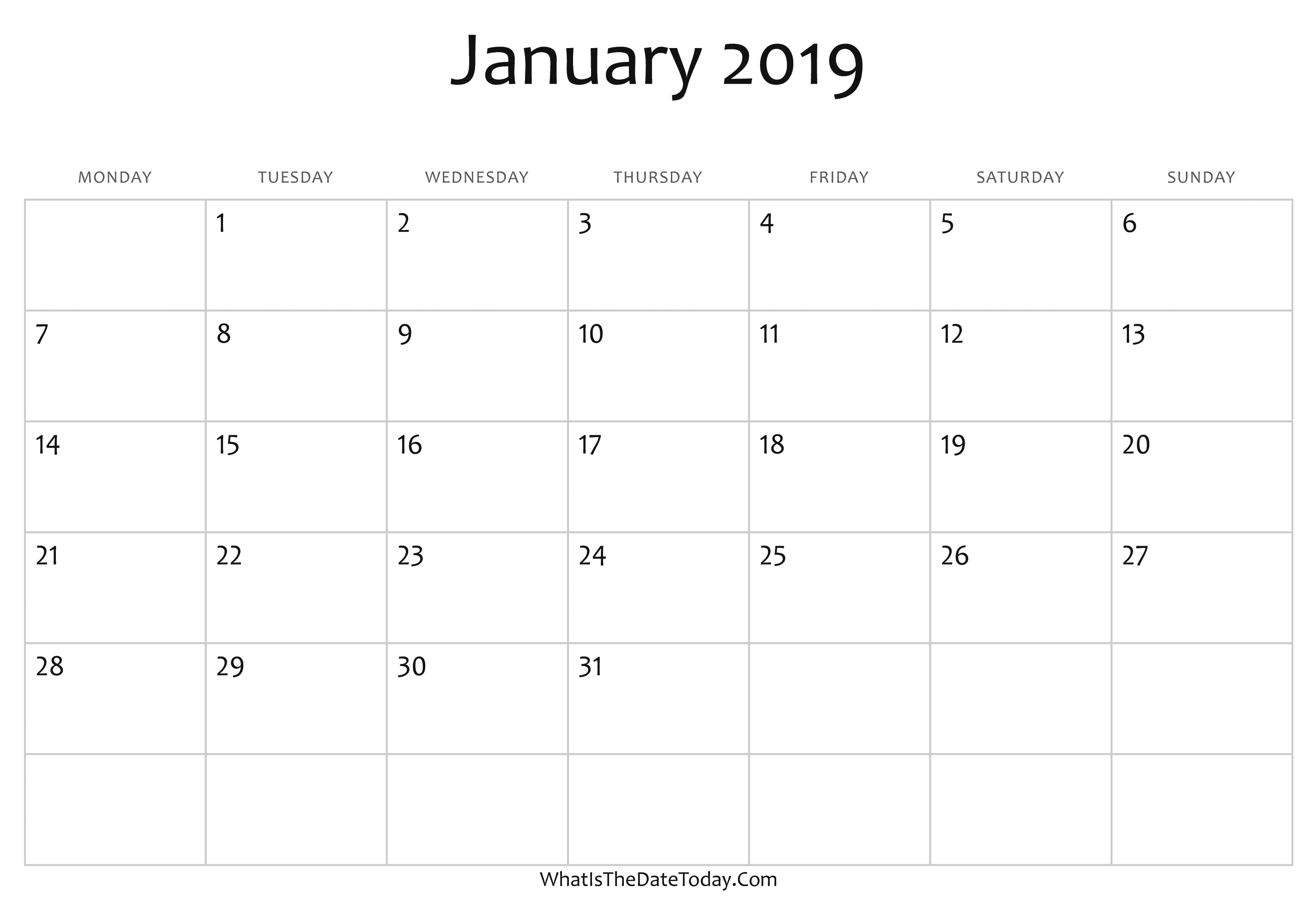 Editable January 2019 Calendar