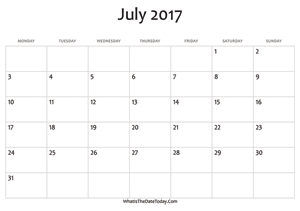 blank july calendar 2017 editable
