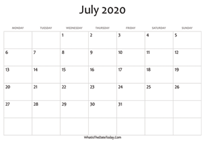 blank july calendar 2020 editable