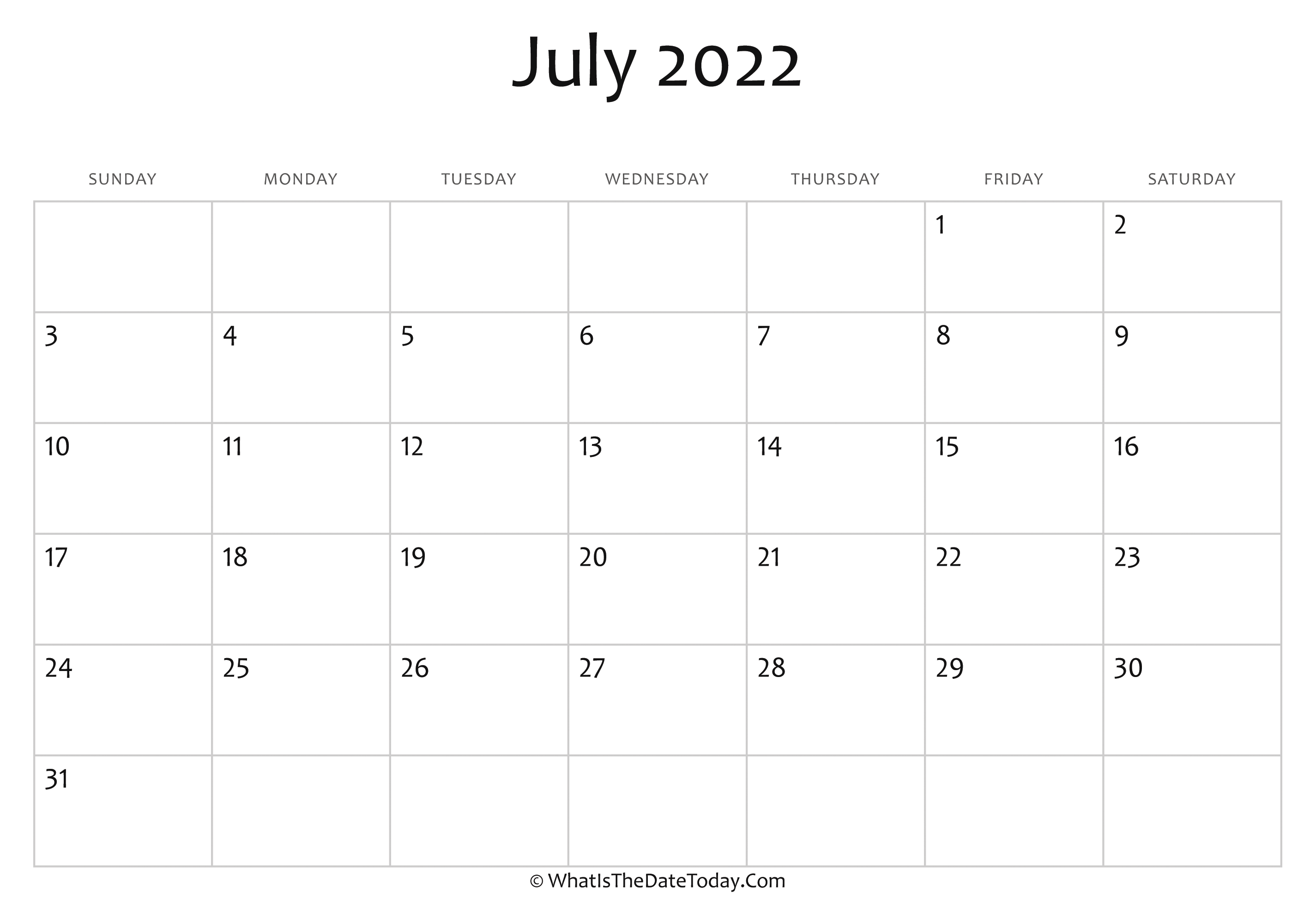 Blank July Calendar Word Template