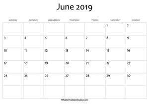 blank june calendar 2019 editable